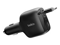 Belkin BoostCharge - Bilstrømadapter - retraktabel - 75 watt - Fast Charge - 3 utgangskontakter (USB, 2 x USB-C) - svart CCC001HQBK